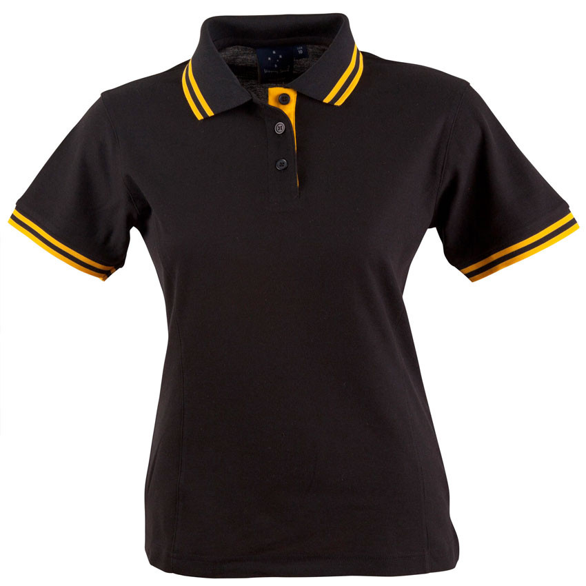 Black ladies polo shirt with gold contrast tipping on collar and sleeves