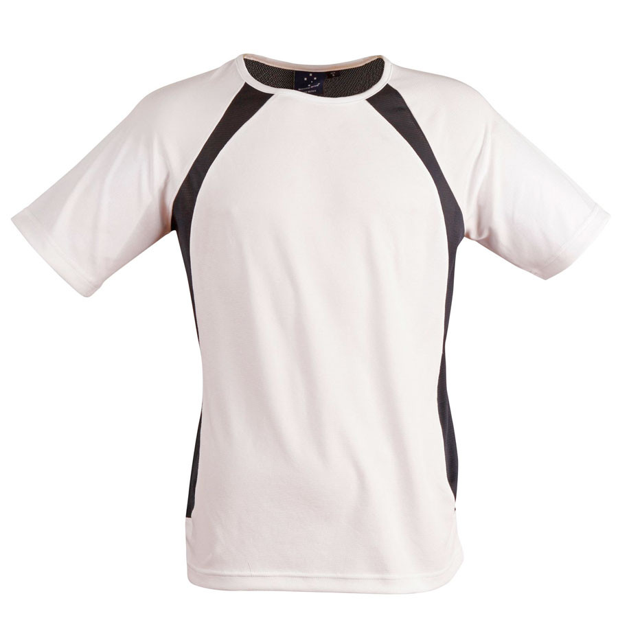 White cooldry t-shirt with black mesh panel inserts along shoulders and sides