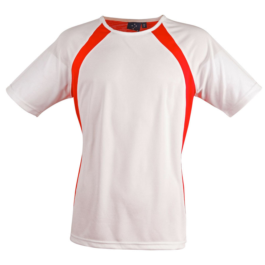 White cooldry t-shirt with red contrast raglan sleeves and side mesh panels