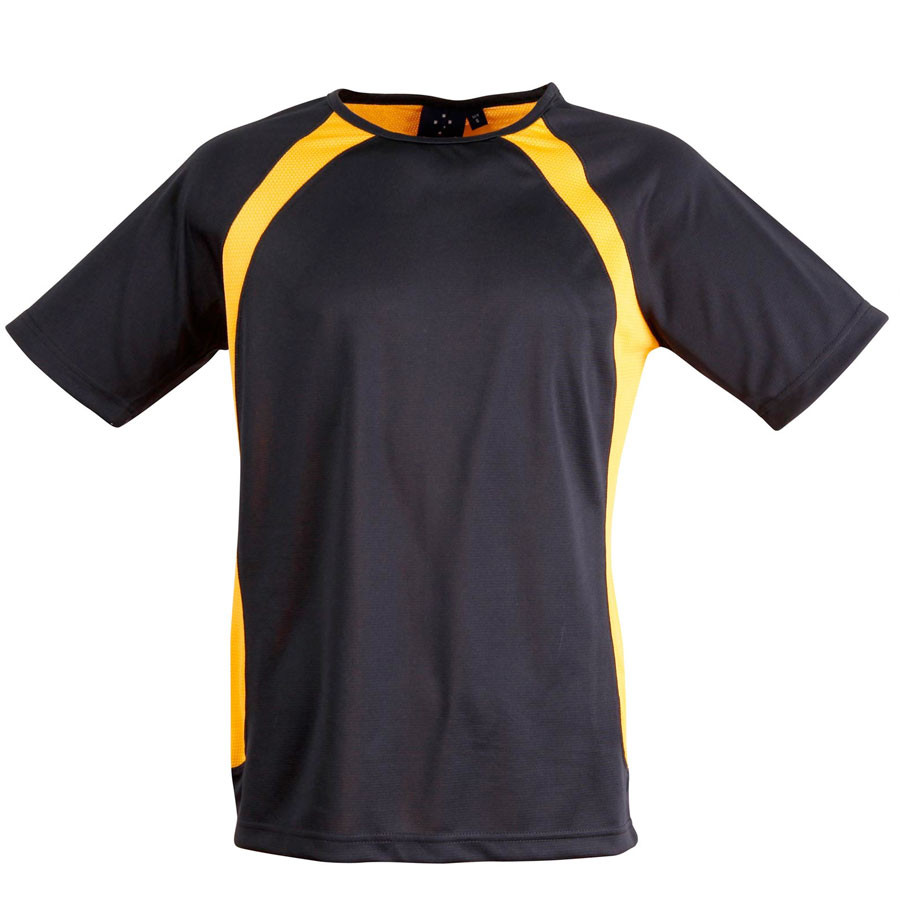 Charcoal grey tee with gold contrast raglan sleeves and side panels featuring mesh inserts