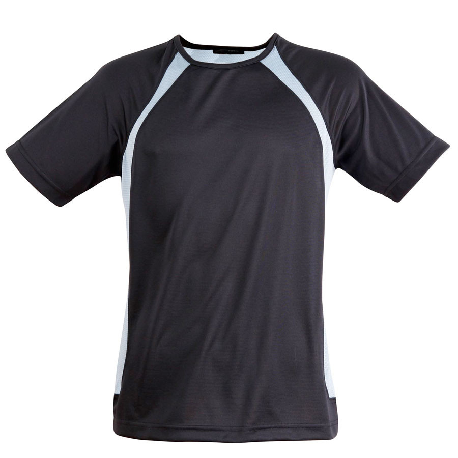 Charcoal grey raglan tee with black mesh sleeves and contrast white side panels