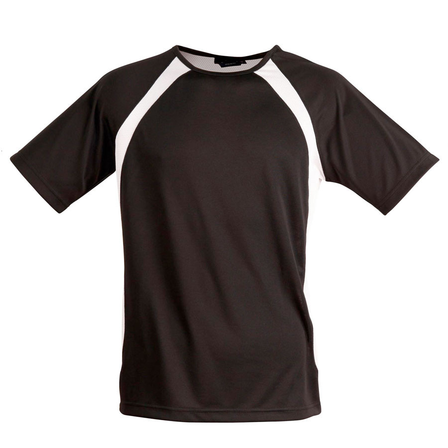 Charcoal raglan sleeve tee with white contrast panels and mesh detailing