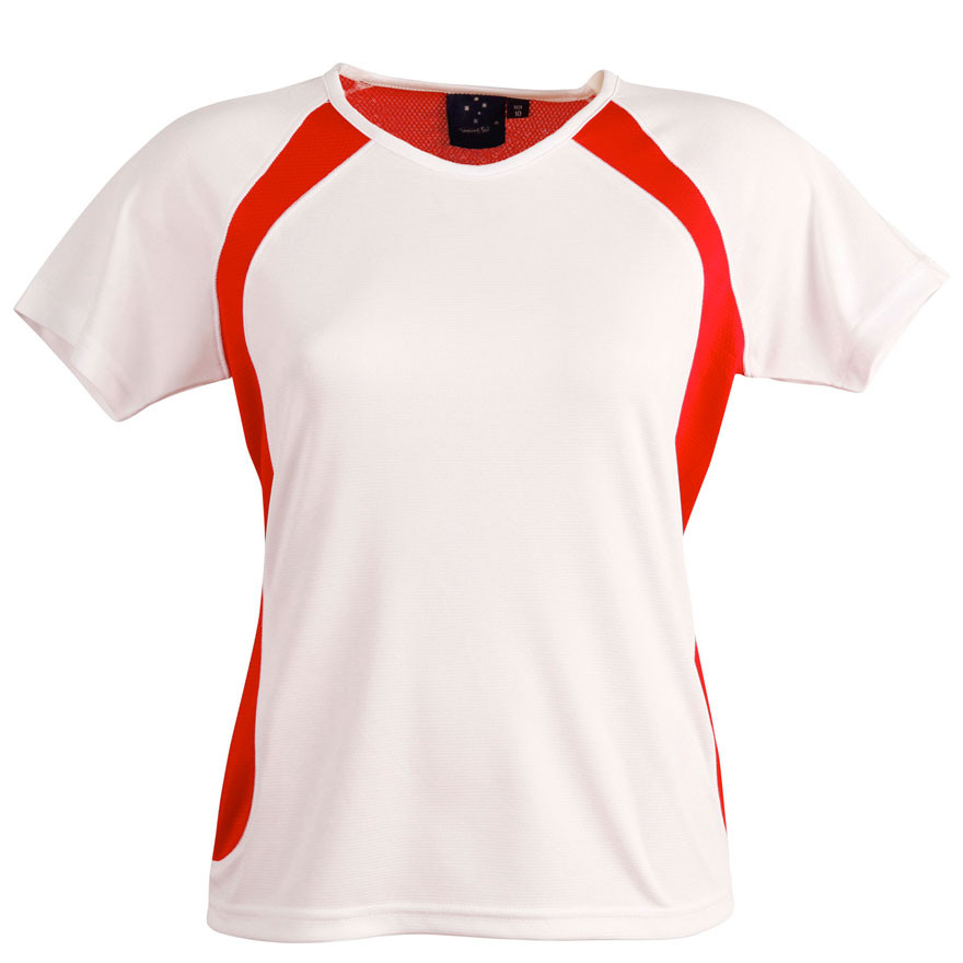 White ladies cooldry tee with red contrast panels on shoulders and sides featuring mesh inserts