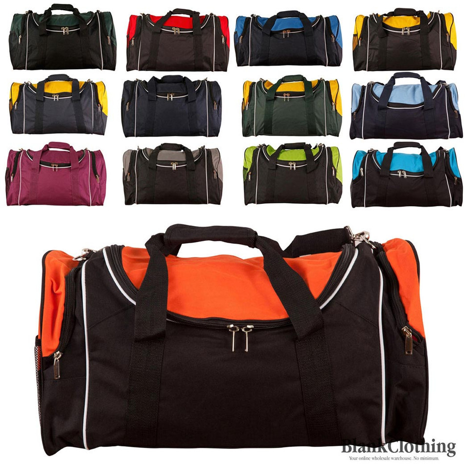 Black sports bag with vibrant orange contrast panels and white piping detail