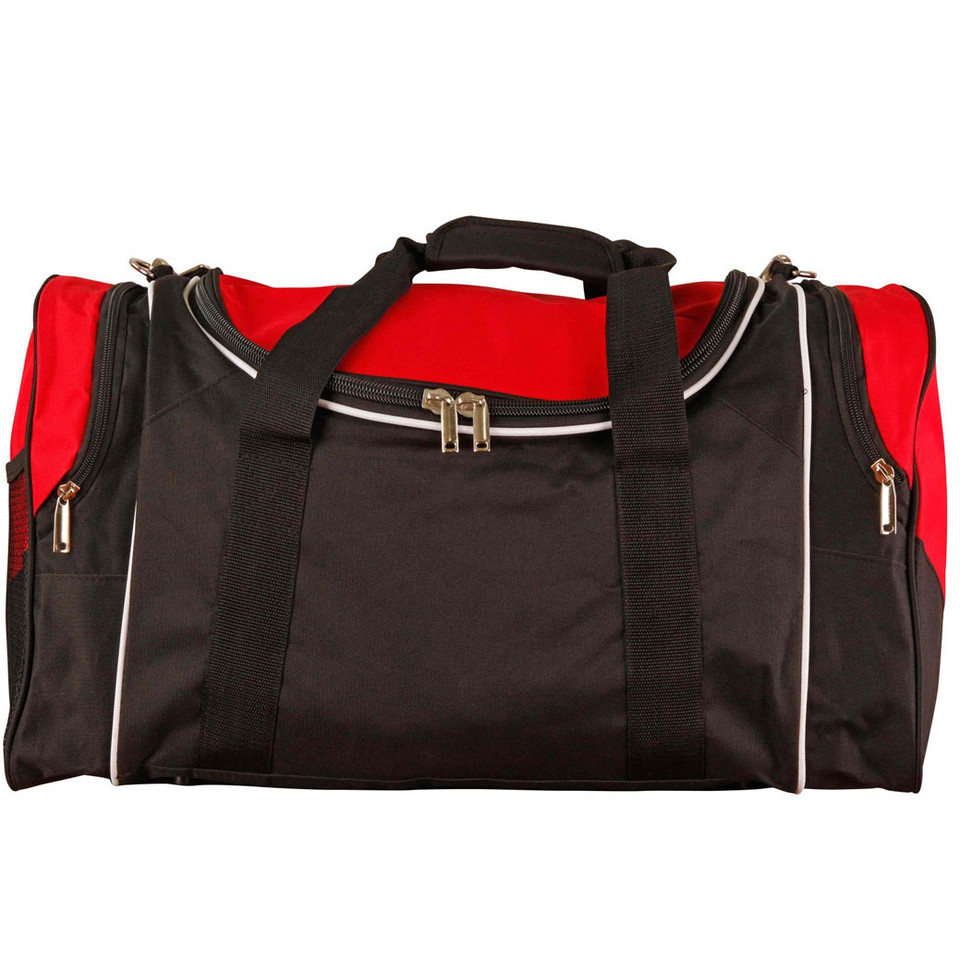 Red and black sports bag with multiple zippered compartments, contrast piping, and padded carry handles