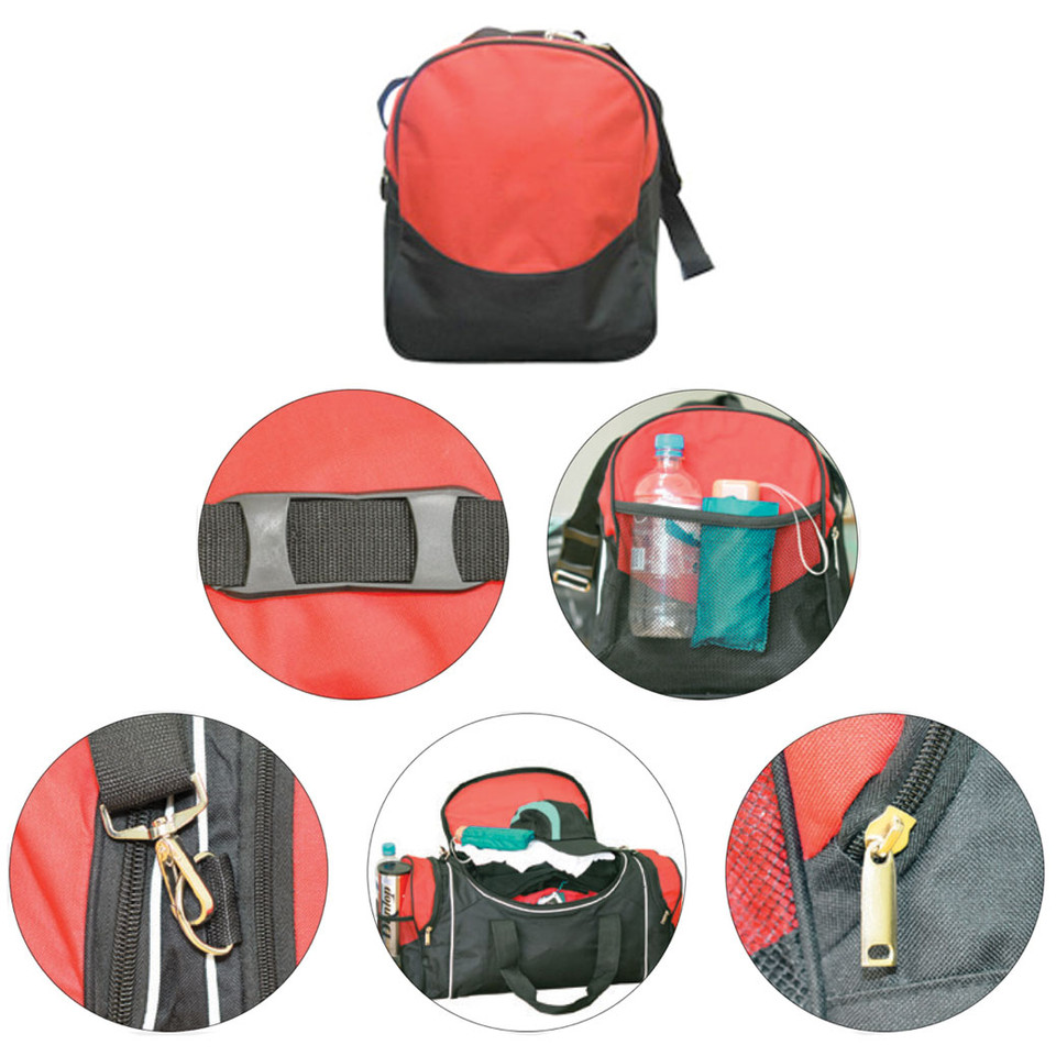 Red and black sports bag with detail callouts showing grab handle, mesh bottle pocket, gold-tone zip pulls and carabiner clip