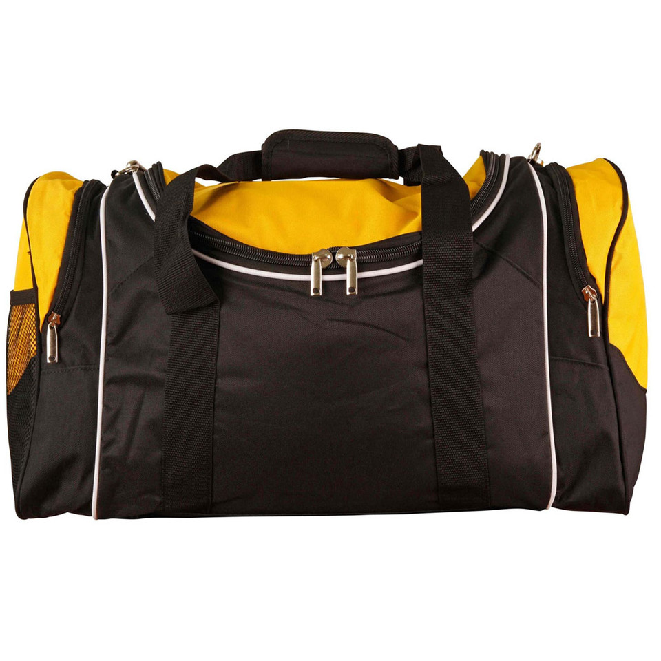 Golden yellow and black sports bag with white contrast piping and multiple zippered compartments