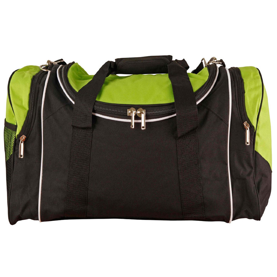 Lime green and black sports bag with white contrast piping, multiple zippered compartments and carry handles