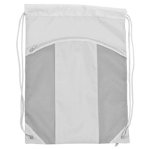 White drawstring backpack with grey mesh side panels and curved zip front pocket