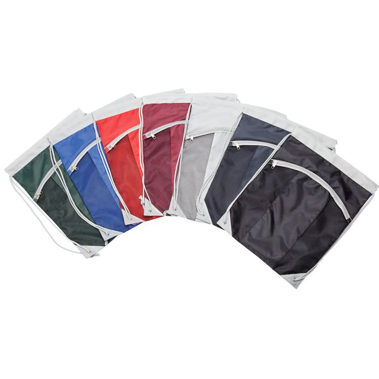 Six drawstring backpacks fanned out in bottle green, royal blue, red, maroon, grey, navy and charcoal with white trim and zip mesh front pocket