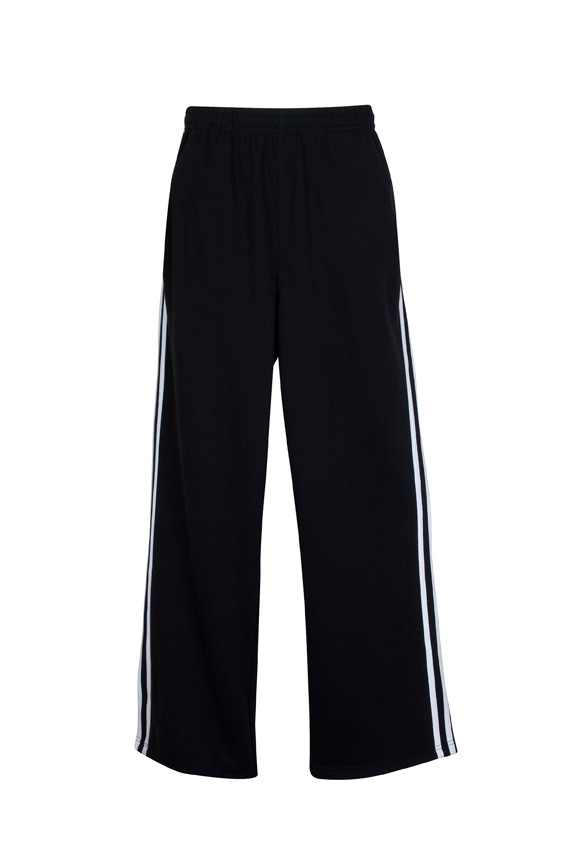 Black + White Sandy Ladies Twin Stripe Track Pants, comfortable athletic bottoms featuring side striping, ideal for sports uniforms or training.