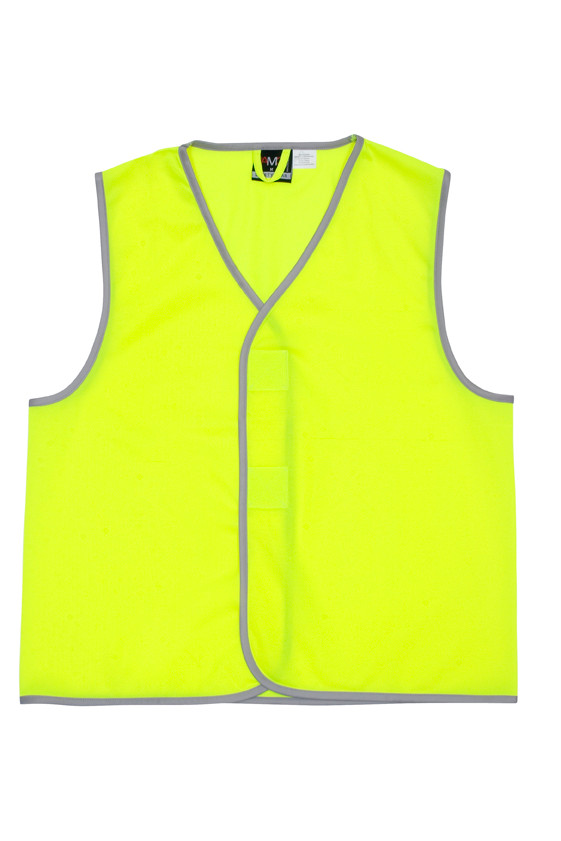Fluoro yellow sleeveless safety vest with grey reflective trim edging and V-neckline, flat lay