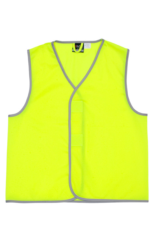 Fluorescent yellow high visibility safety vest with grey reflective trim and hook and loop front closure