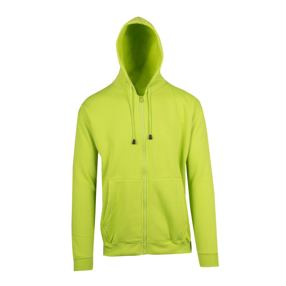 Lime Green MITCH Men's Fleecy Zipper Hoodie, a warm full-zip hooded sweatshirt with a soft fleece lining and two front pockets, ideal for casual layering or corporate wear.