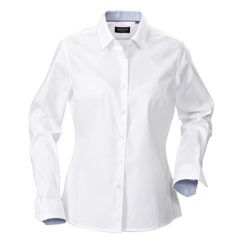 White ladies fitted long sleeve shirt with chambray contrast trim inside collar and cuffs