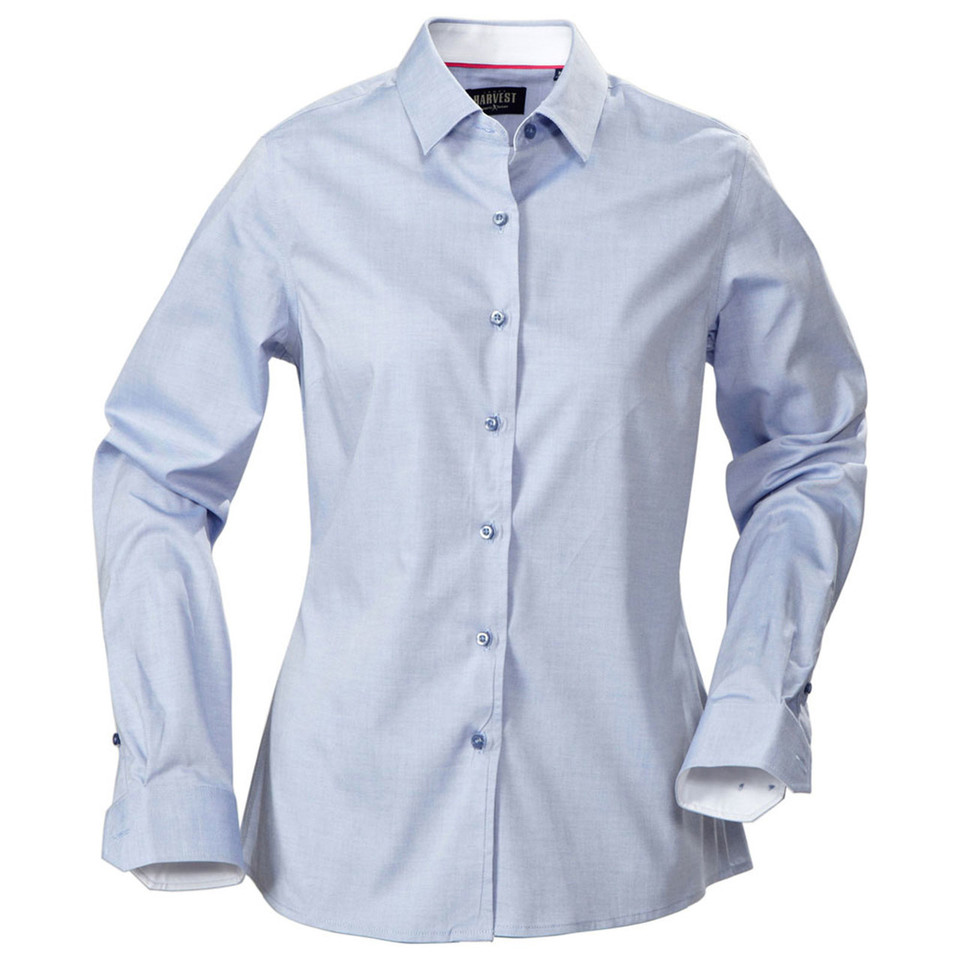Light blue ladies long sleeve shirt with white contrast collar lining, button placket and double cuffs