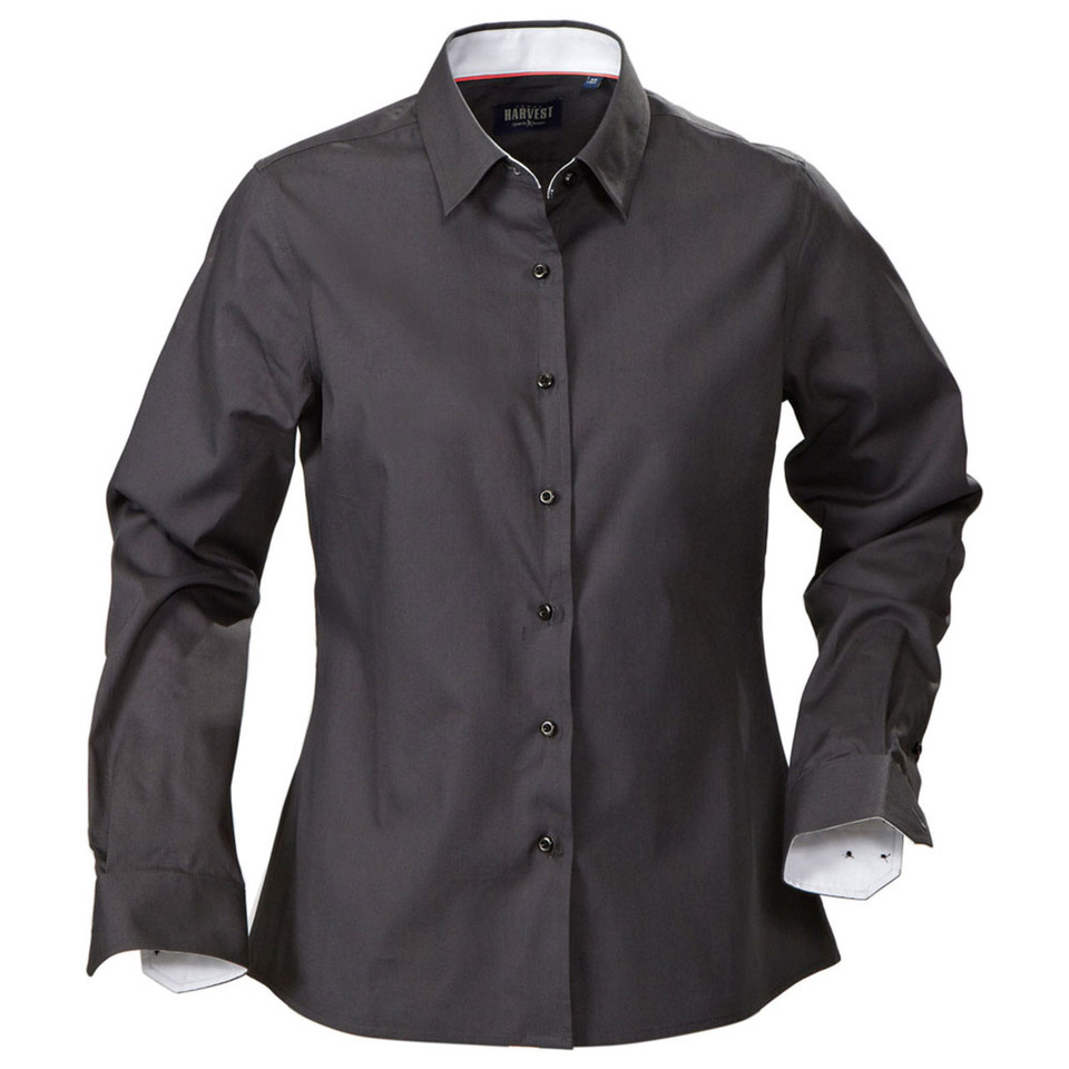 Charcoal grey women's business shirt with contrast white inner collar and cuff detail, modern tailored fit