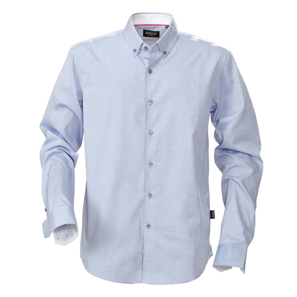 Light blue long sleeve men's shirt with button-down collar, button placket, and contrast pink inner collar detail