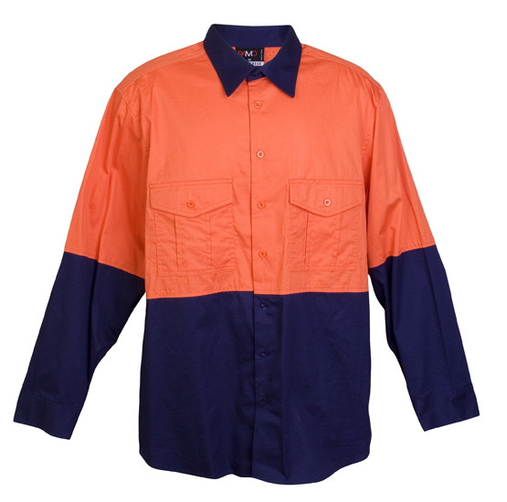 Hi-vis orange and navy long sleeve work shirt with chest pockets and contrasting collar