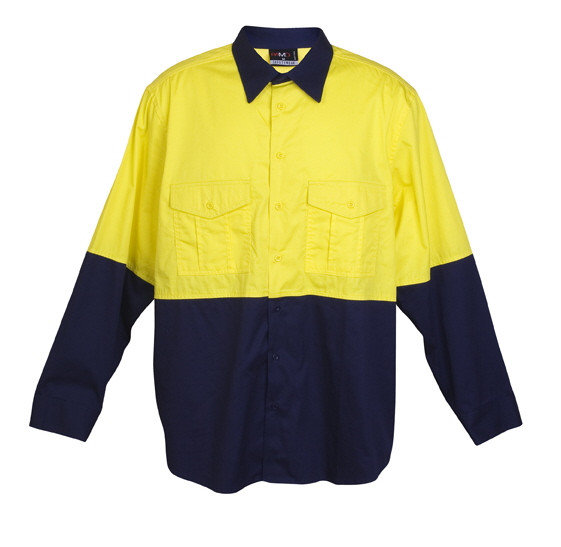 Hi-vis yellow and navy long sleeve work shirt with chest pockets and contrast collar