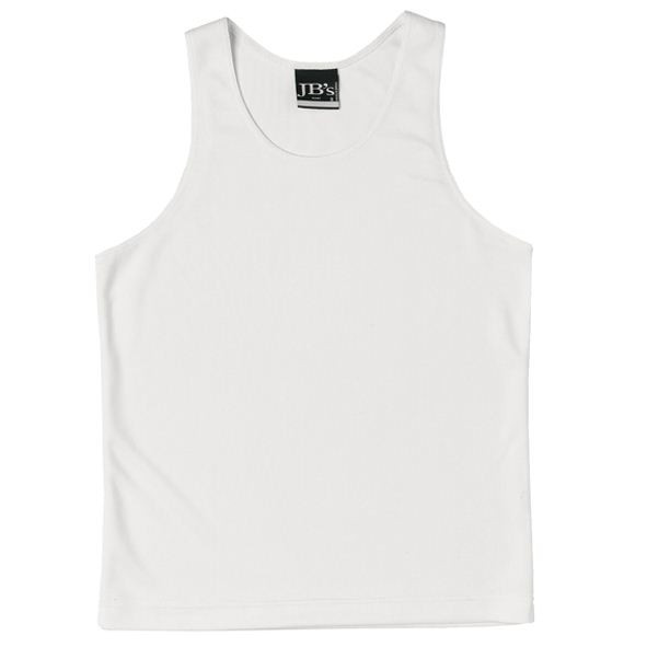White kids polyester singlet flat lay with scoop neckline and wide shoulder straps
