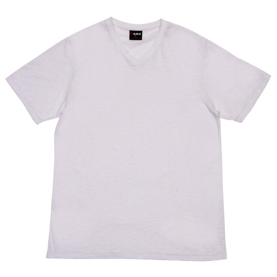 White v-neck t-shirt with raw-weave texture and short sleeves in slim fit design