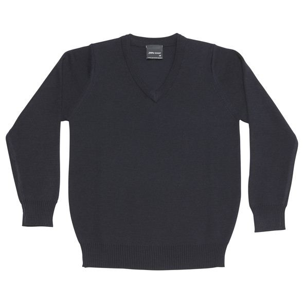 Charcoal v-neck wool jumper with ribbed cuffs and hem on white background