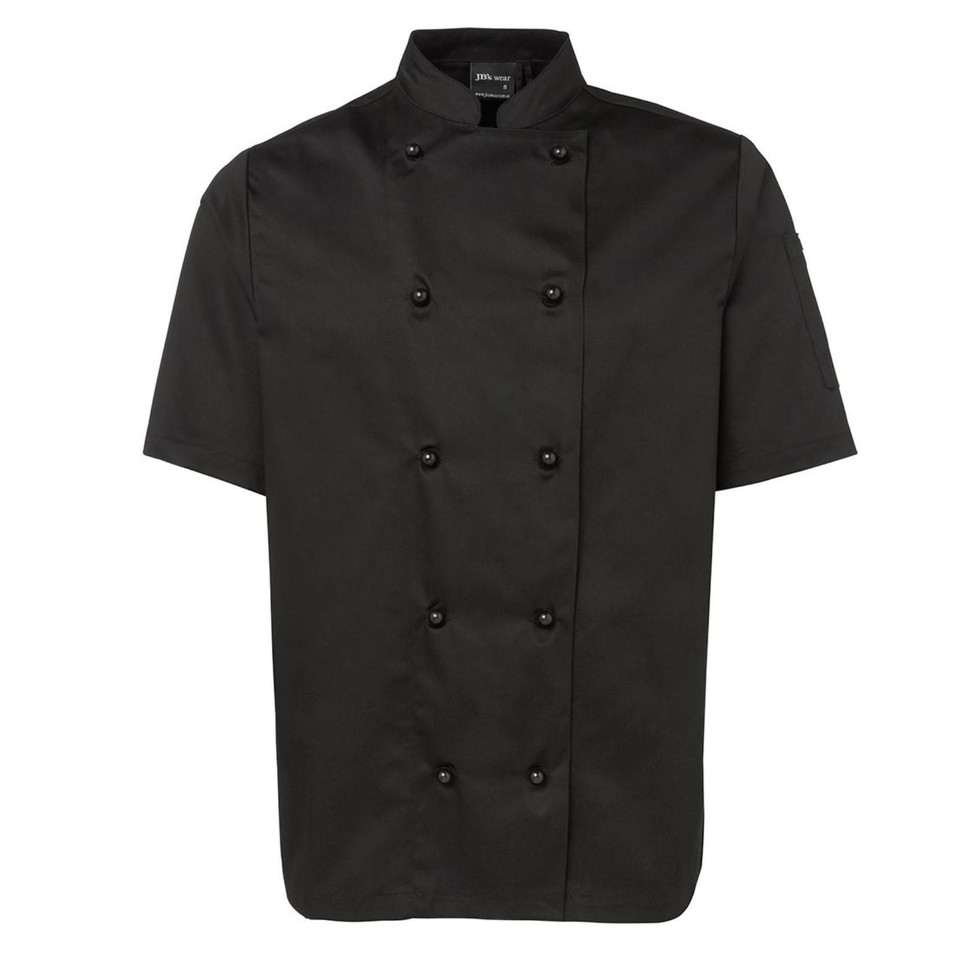 Black short sleeve chef jacket with double-breasted button closure and mandarin collar