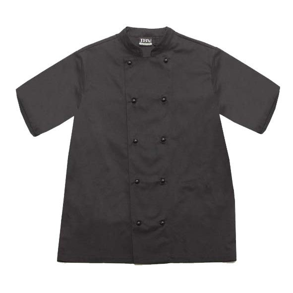 Charcoal grey short sleeve chef jacket with double-breasted black button closure and mandarin collar