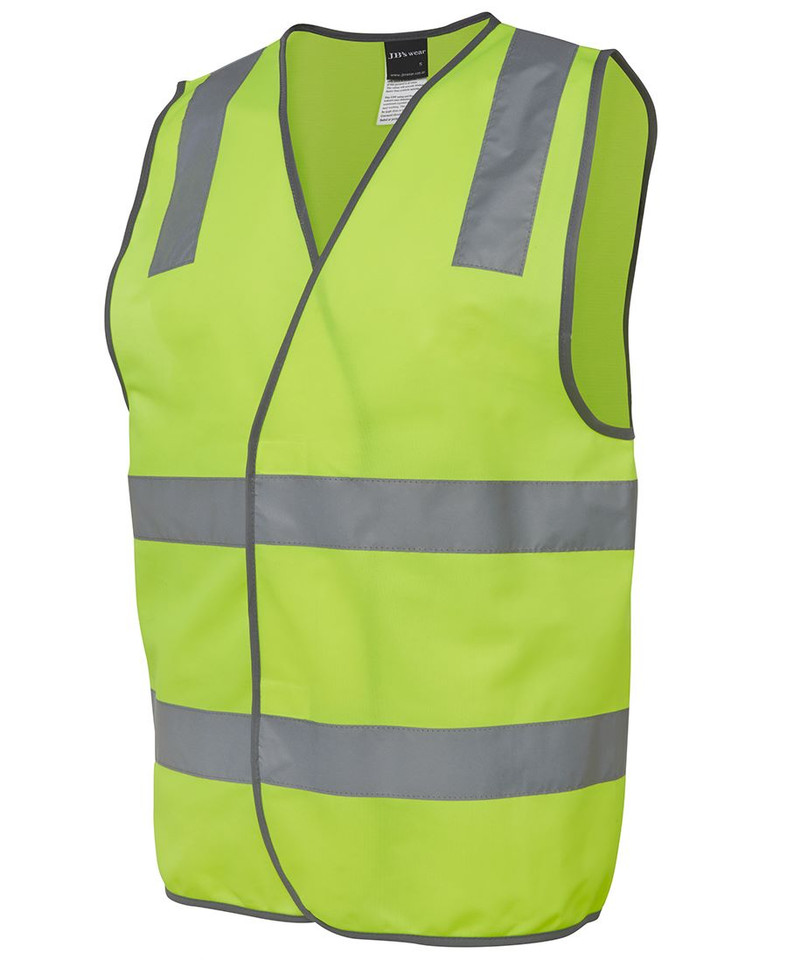 Fluoro yellow safety vest with horizontal and diagonal grey reflective tape panels, V-neck, sleeveless packshot