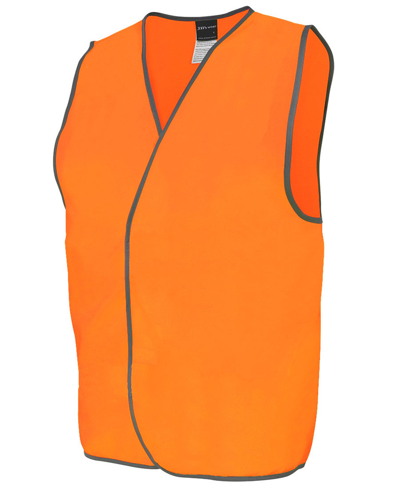 Hi-vis orange sleeveless safety vest with grey contrast piping trim and V-neckline, flat front panel