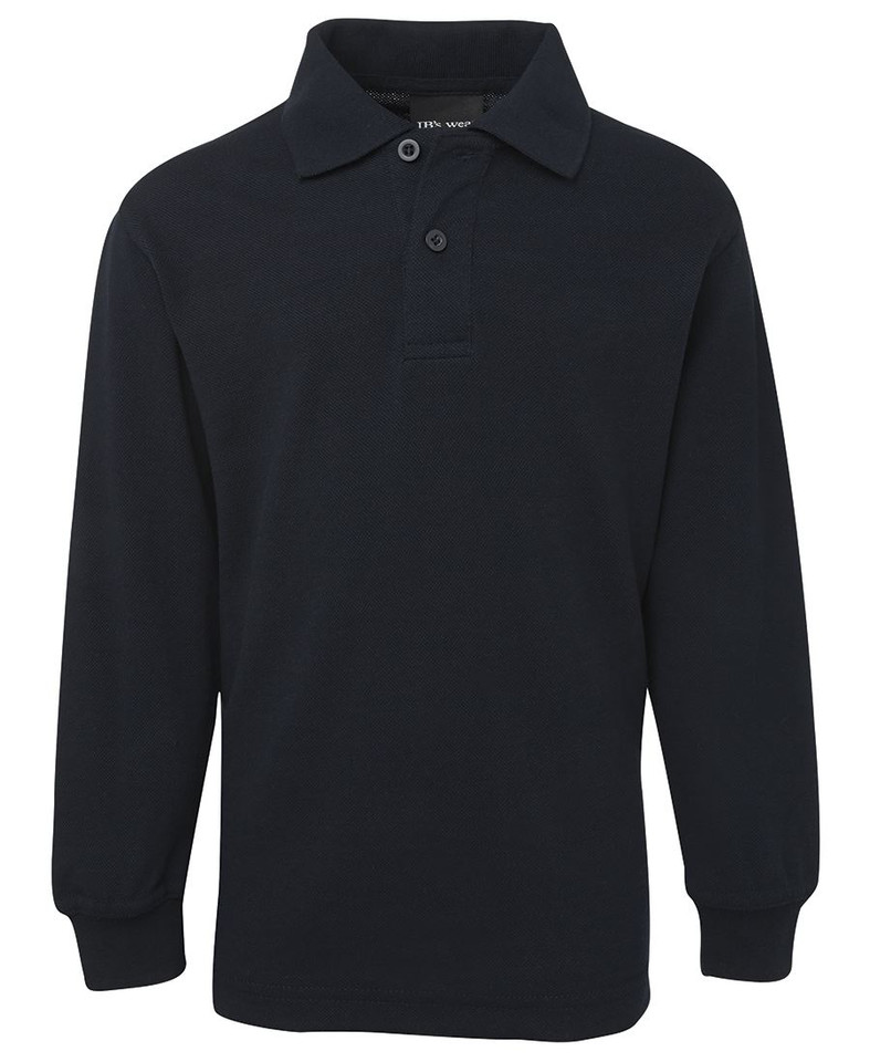 Navy long sleeve polo shirt with ribbed collar and cuffs, featuring two-button placket