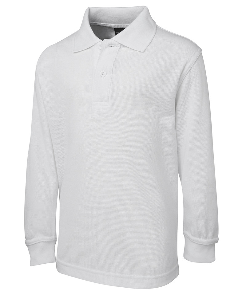 White Shelby Kids Long Sleeve Polo Shirt, a durable cotton blend knit top with a classic collar, ideal for children's school uniforms or casual cold weather wear.