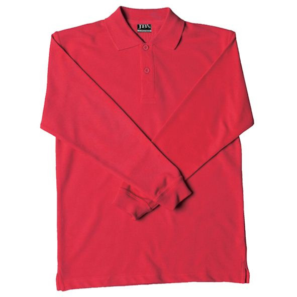 Red Shelby Kids Long Sleeve Polo Shirt, a durable cotton blend knit top with a classic collar, ideal for children's school uniforms or casual cold weather wear.