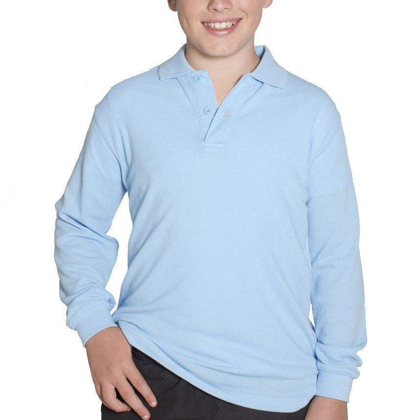 Sky Shelby Kids Long Sleeve Polo Shirt, a durable cotton blend knit top with a classic collar, ideal for children's school uniforms or casual cold weather wear.