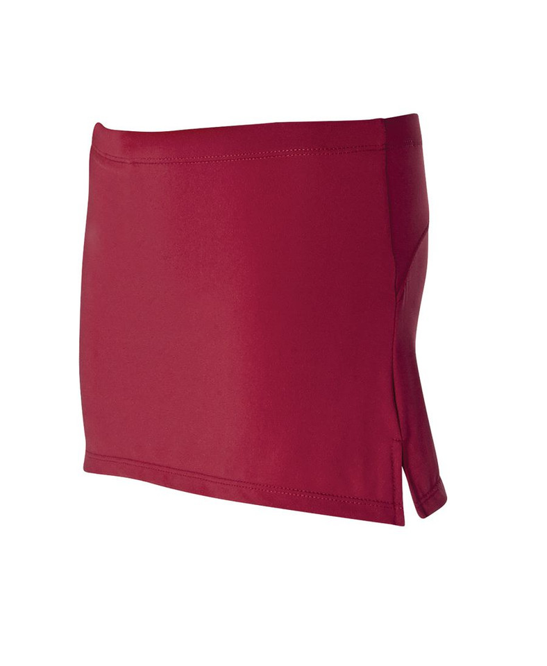 Crimson red girls stretch skort with side vent, smooth flat front panel, packshot on white