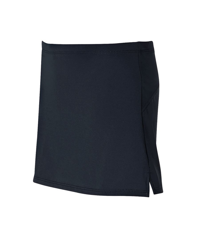 Navy stretch skort with side split and smooth flat front panel, packshot on white