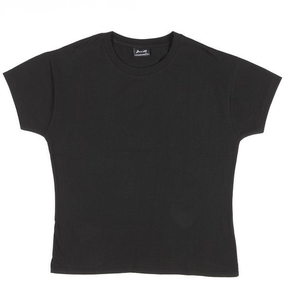Black ladies fitted crew neck t-shirt with short sleeves, flat lay packshot showing smooth cotton front panel