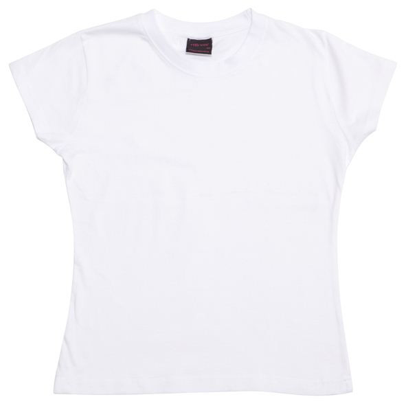 White ladies fitted crew neck tee with short sleeves and a clean flat front chest panel