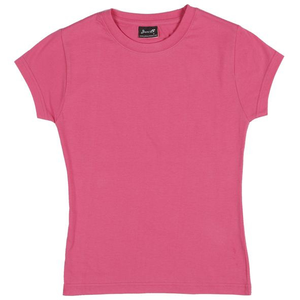 Hot pink ladies fitted cotton tee with crew neck and short sleeves, flat lay packshot