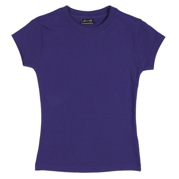 Purple fitted ladies crew neck short sleeve cotton tee, flat lay packshot