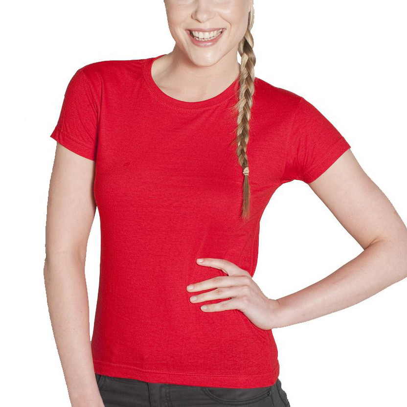 Woman wearing a red fitted ladies cotton crew neck tee with short sleeves and smooth front panel