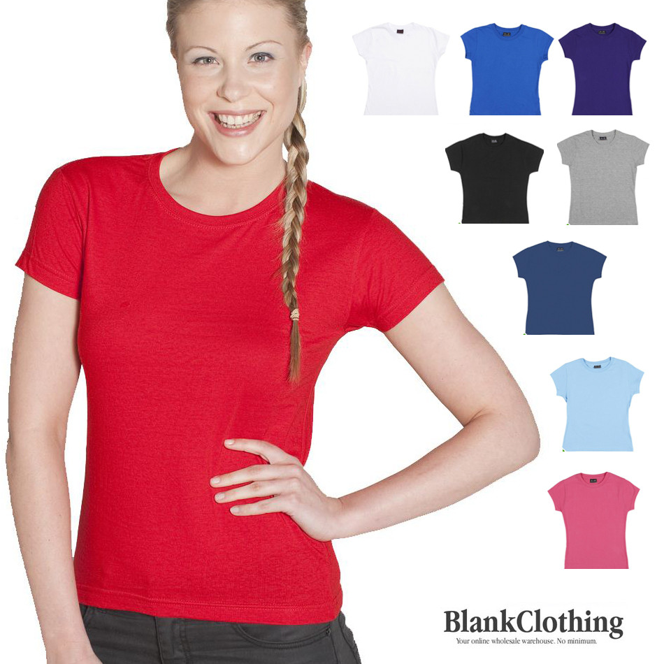 Woman wearing fitted red crew neck tee with colour grid showing white, royal blue, navy, black, grey, dark navy, sky blue and hot pink options
