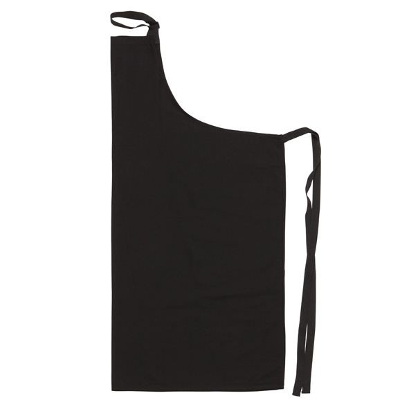 Black full bib apron with adjustable neck strap and long waist ties, pocketless design with flat front panel