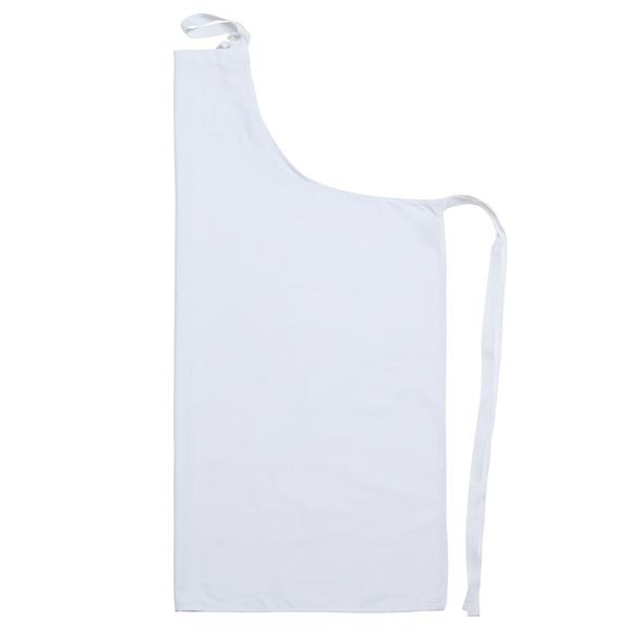 White pocketless bib apron with adjustable neck strap and waist ties, front view showing full coverage panel