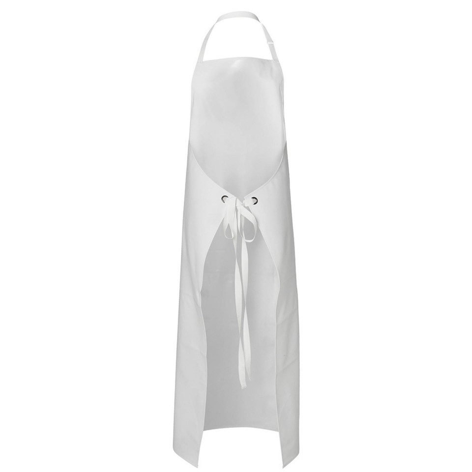 White heavy duty vinyl apron with adjustable neck strap and waist ties