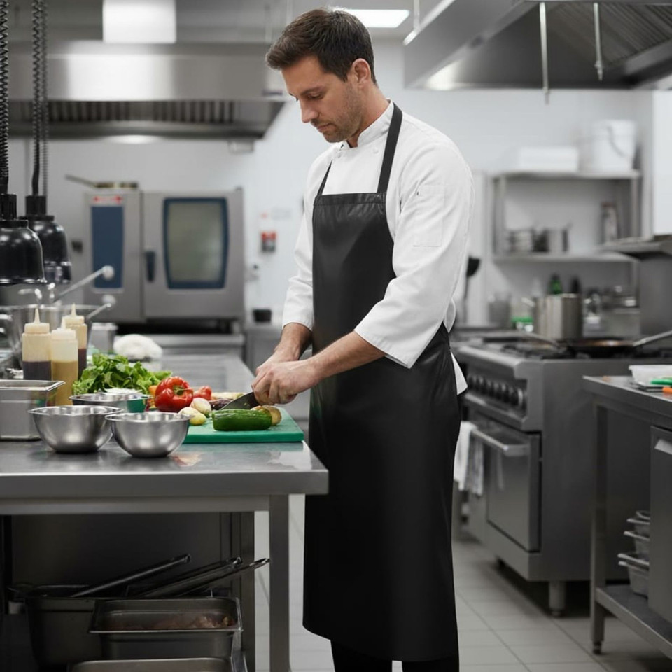 Heavy Duty Vinyl Apron, a durable, waterproof protective covering ideal for industrial use, kitchen work, or chemical handling.