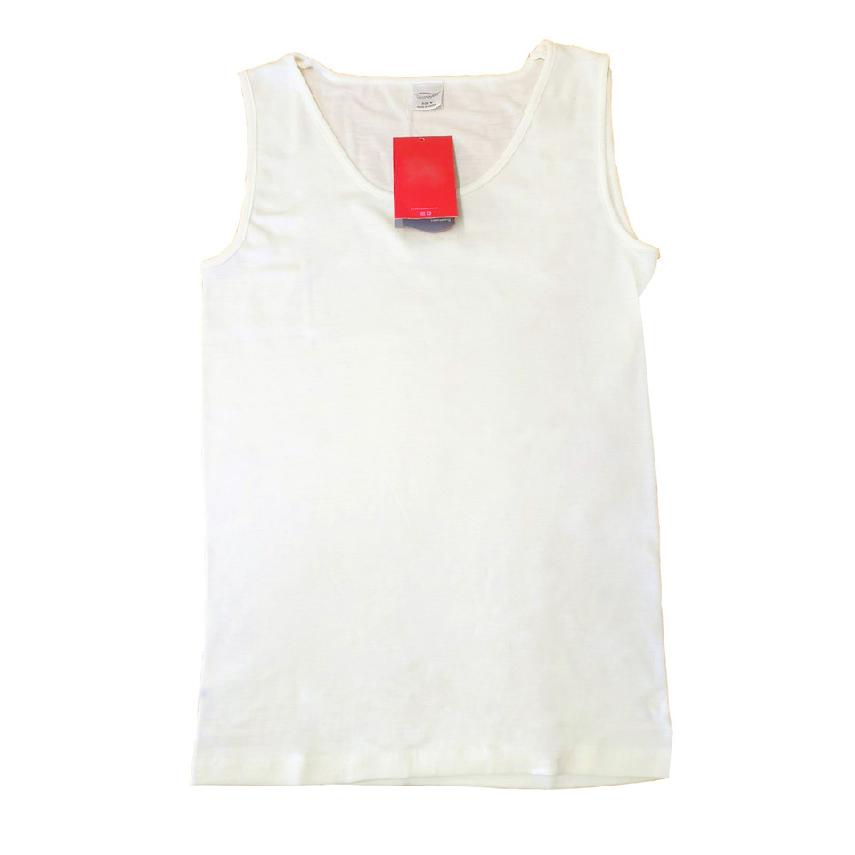 Cream sleeveless merino wool vest with scoop neckline and smooth flat front, packshot on white