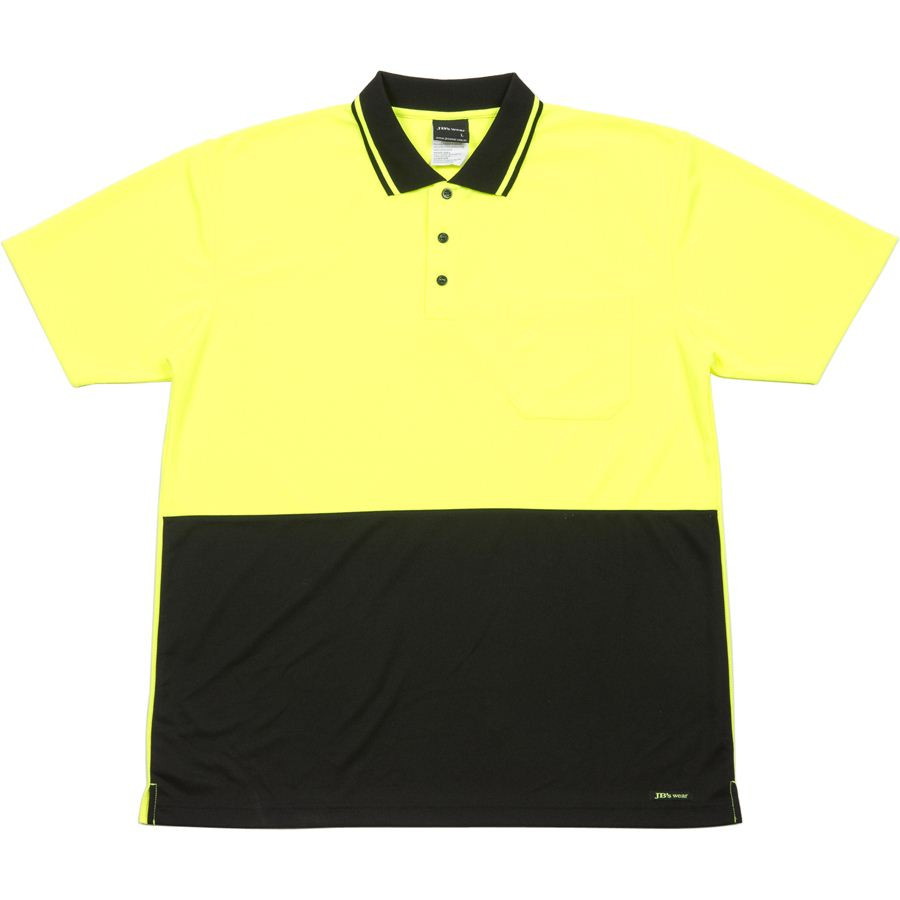 Hi-vis yellow and black safety polo shirt with contrasting collar and three-button placket