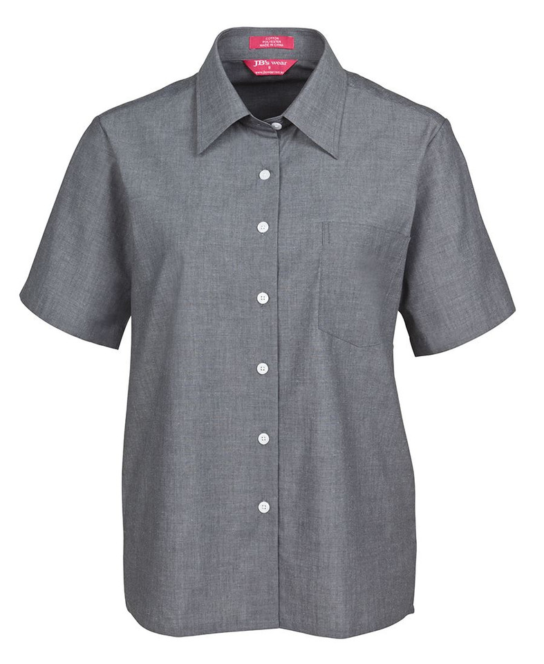 Charcoal chambray short sleeve shirt with white buttons and chest pocket